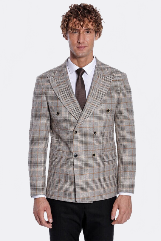 Men’s Tawny Brown Checked Slim Fit Double Breasted Smart-Casual Blazer
