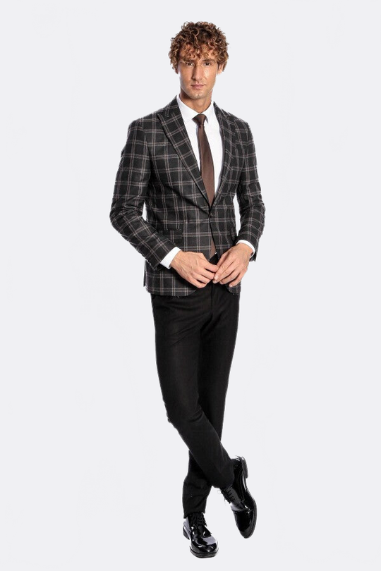 Men’s Charcoal Black Windowpane Check Slim Fit Peak Lapel Sport Blazer