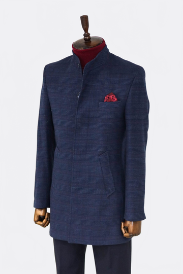 Navy Blue Check Slim Fit Stand-Up Collar Hidden Button Coat – Wessi