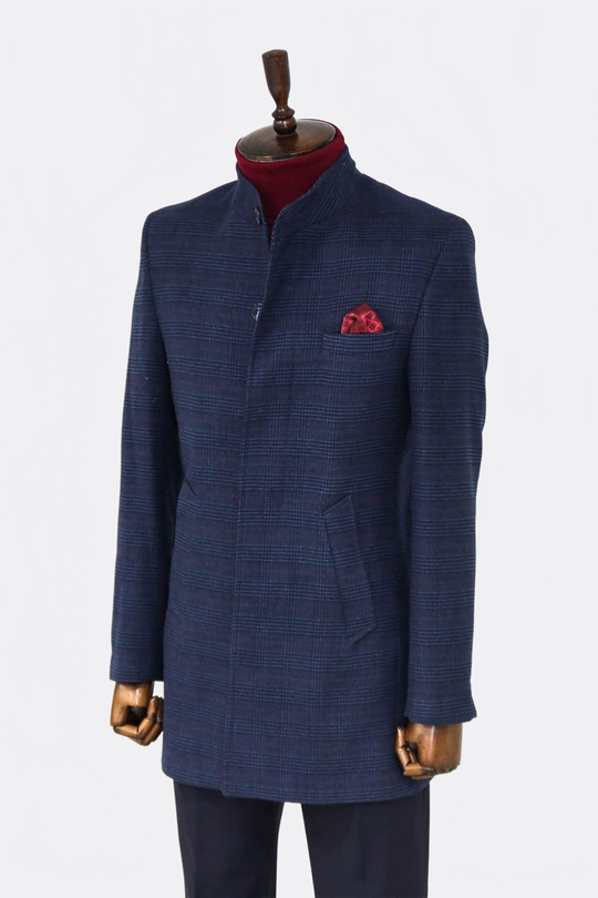 Navy Blue Check Slim Fit Stand-Up Collar Hidden Button Coat – Wessi