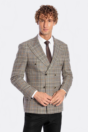 Men’s Heather Grey Checked Slim Fit Double Breasted Smart-Casual Blazer