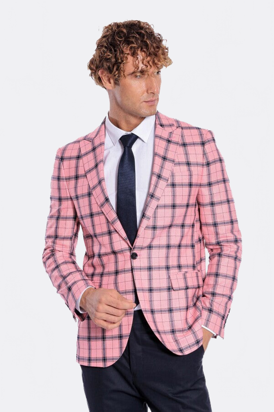 Men’s Pink & Navy Plaid Slim Fit Notch Lapel Sport Blazer