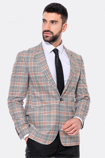 Men’s Orange & Black Glen Plaid Slim Fit Notch Lapel Sport Blazer