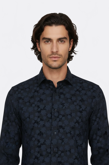 Men's Navy Blue Slim Fit Floral Bloom Patterned Shirt | Wessi