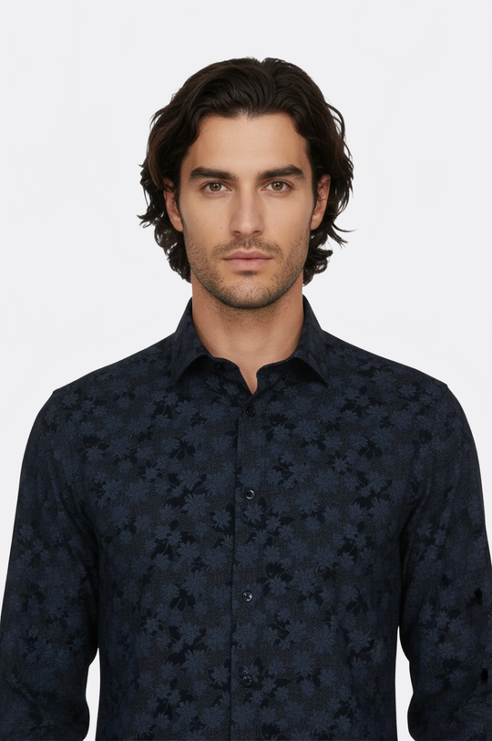 Men's Navy Blue Slim Fit Floral Bloom Patterned Shirt | Wessi
