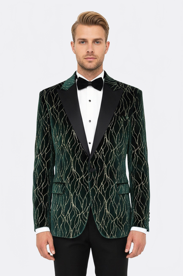 Men’s Emerald Green Velvet Gold-Vein Jacquard Slim Fit Peak Lapel Dinner Jacket
