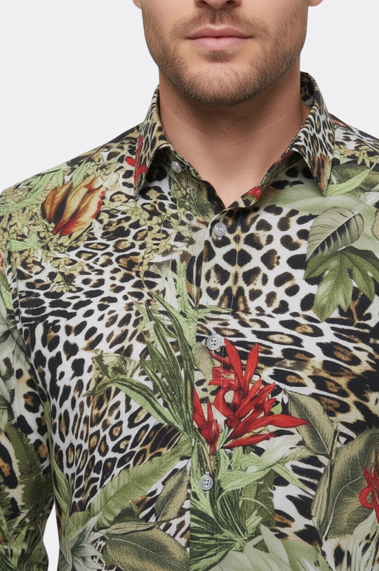 Men's White Slim Fit Multicolour Tiger Print Shirt | Wessi