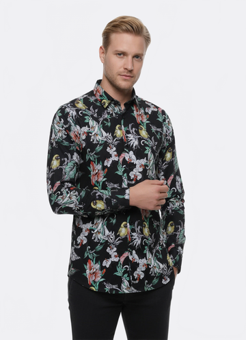 Men's Black Slim Fit Floral & Bird Patterned Shirt | Wessi