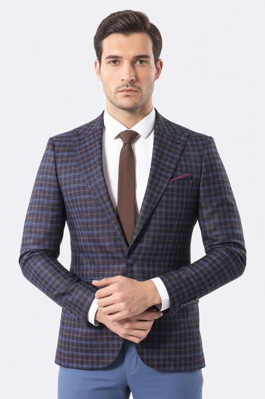 Men’s Chocolate Brown & Royal Blue Windowpane Slim Fit Notch Lapel Sport Blazer