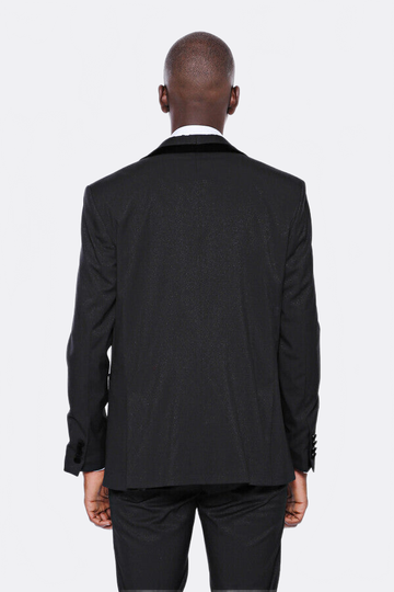 Men's Obsidian Black Micro-Patterned 3-Piece Slim Fit Tuxedo with Velvet Lapel