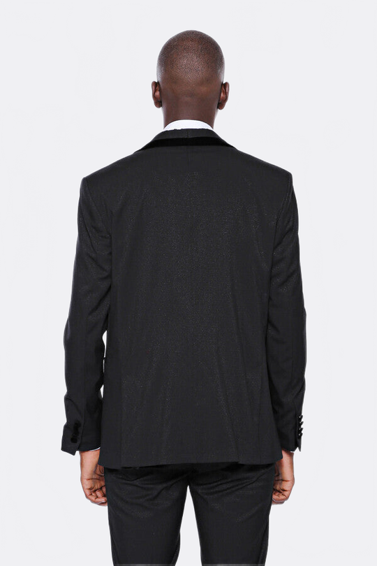 Men's Obsidian Black Micro-Patterned 3-Piece Slim Fit Tuxedo with Velvet Lapel