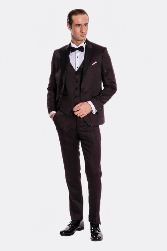 Men's Deep Claret Micro-Patterned 3-Piece Slim Fit Tuxedo with Shawl Lapel