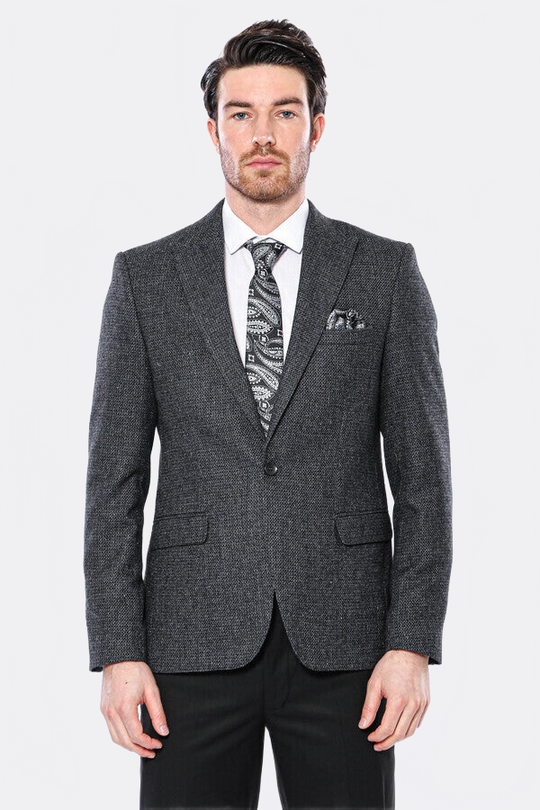 Men’s Dark Grey Textured Slim Fit Peak Lapel Blazer