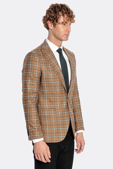 Men’s Toffee Brown & Blue Windowpane Check Slim Fit Notch Lapel Sport Blazer