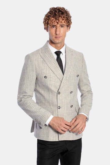 Men’s Dove Grey Striped Slim Fit Double Breasted Peak Lapel Blazer