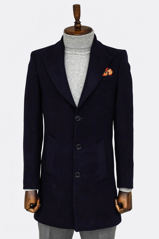 Black Slim Fit Wide Peak Lapel Wool Blend Coat – Wessi