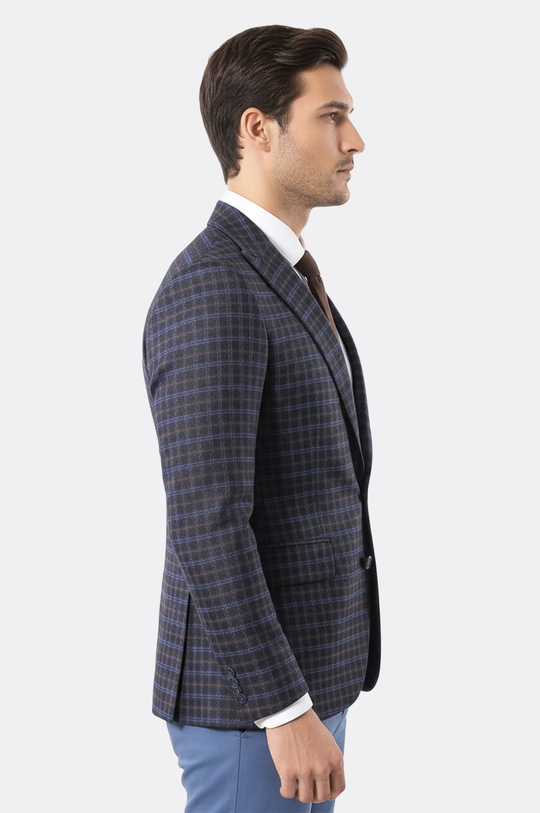 Men’s Chocolate Brown & Royal Blue Windowpane Slim Fit Notch Lapel Sport Blazer