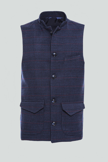 Navy Slim Fit Checked Mandarin Collar Cachet Vest | Wessi