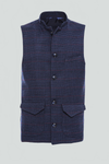 Navy Slim Fit Checked Mandarin Collar Cachet Vest | Wessi