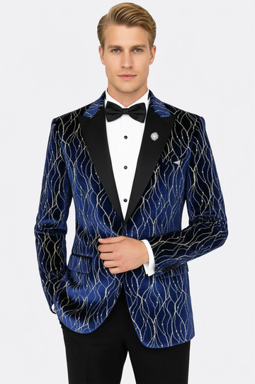 Men’s Midnight Navy & Gold-Vein Jacquard Slim Fit Peak Lapel Dinner Jacket