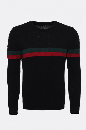 Black Slim Fit Round Neck Chest Stripe Knit Jumper – Wessi