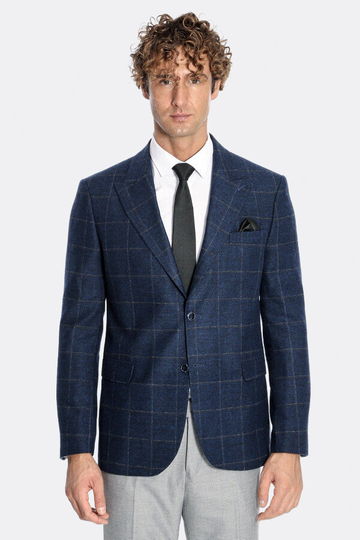 Men’s Navy Blue Windowpane Plaid Wool Blend Slim Fit Notch Lapel Blazer
