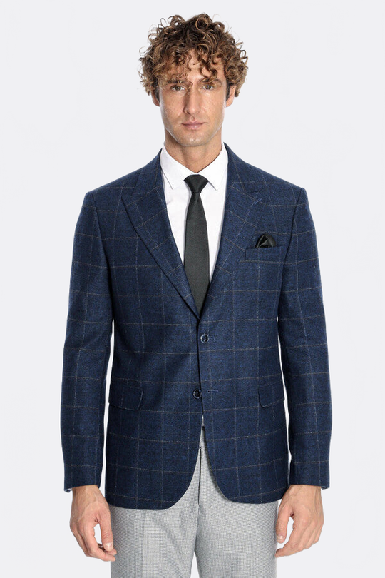 Men’s Navy Blue Windowpane Plaid Wool Blend Slim Fit Notch Lapel Blazer
