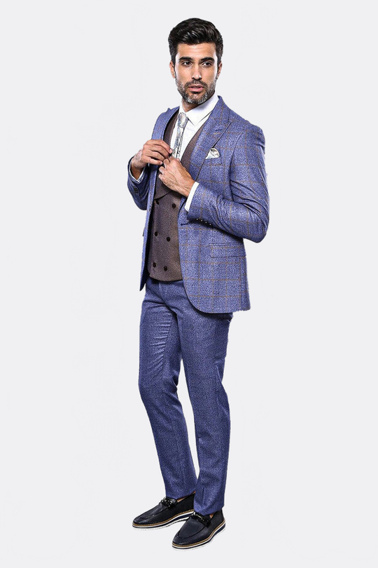 Men's Indigo Blue Windowpane Check 3-Piece Slim Fit Combination Suit