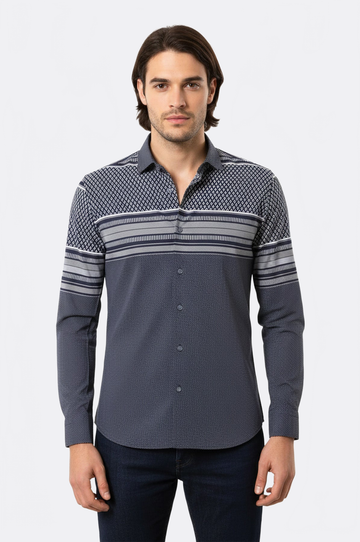Men's Navy Blue Patterned Slim Fit Short Sleeve Shirt | Wessi