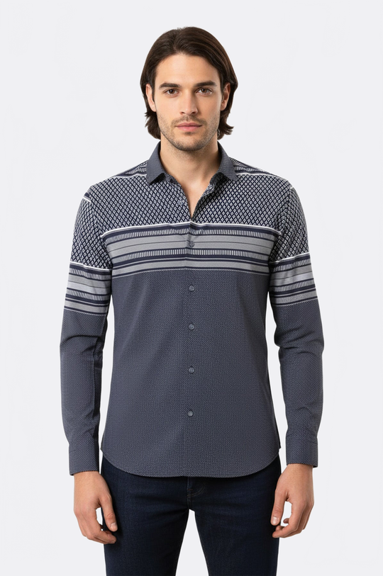 Men's Navy Blue Patterned Slim Fit Short Sleeve Shirt | Wessi
