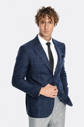Men’s Navy Blue Windowpane Plaid Wool Blend Slim Fit Notch Lapel Blazer