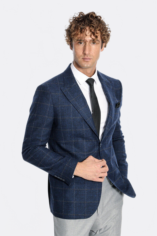 Men’s Navy Blue Windowpane Plaid Wool Blend Slim Fit Notch Lapel Blazer