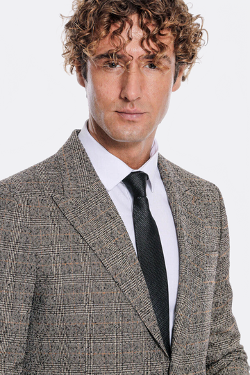 Men’s Obsidian Black Checked Slim Fit Single Breasted Smart-Casual Blazer