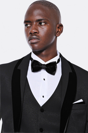 Men's Obsidian Black Micro-Patterned 3-Piece Slim Fit Tuxedo with Velvet Lapel