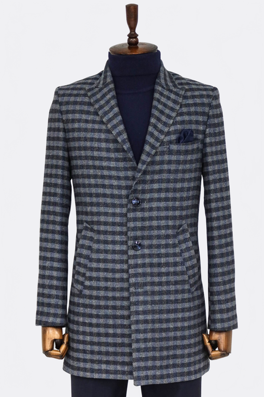 Navy Blue Plaid Slim Fit Peak Wide Lapel Wool Blend Overcoat – Wessi