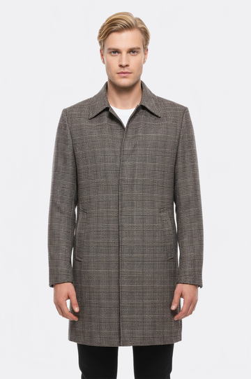 Tan Check Slim Fit Peak Lapel Hidden Button Wool Blend Coat – Wessi