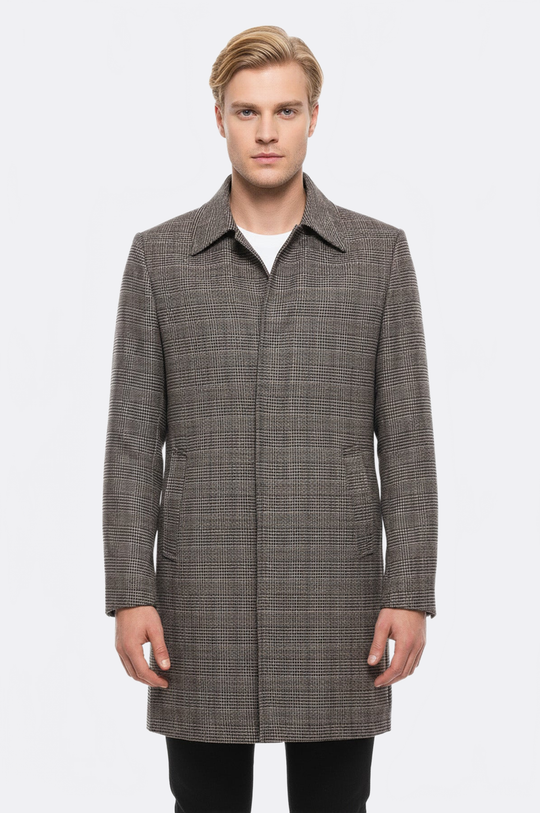 Tan Check Slim Fit Peak Lapel Hidden Button Wool Blend Coat – Wessi