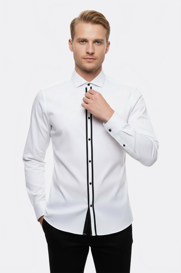 Slim Fit White Stand Collar Tuxedo Shirt — Wessi