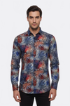 Men's Navy Blue Slim Fit Red Leaf Print Shirt | Wessi