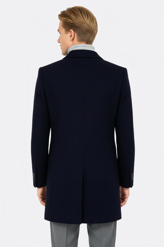 Navy Blue Slim Fit Wide Peak Lapel Wool Blend Coat – Wessi