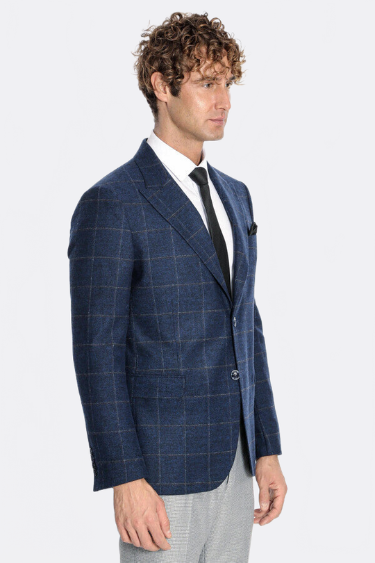Men’s Navy Blue Windowpane Plaid Wool Blend Slim Fit Notch Lapel Blazer