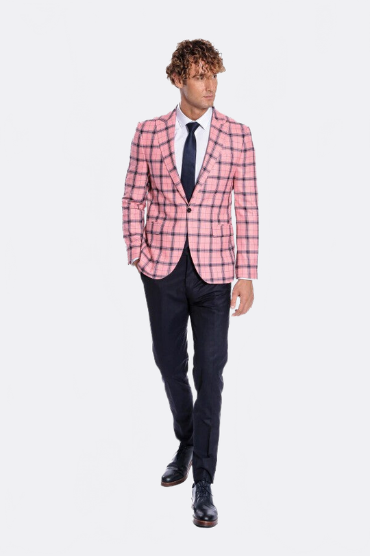 Men’s Pink & Navy Plaid Slim Fit Notch Lapel Sport Blazer