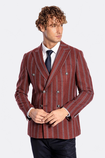 Men’s Deep Burgundy Striped Slim Fit Double Breasted Peak Lapel Blazer