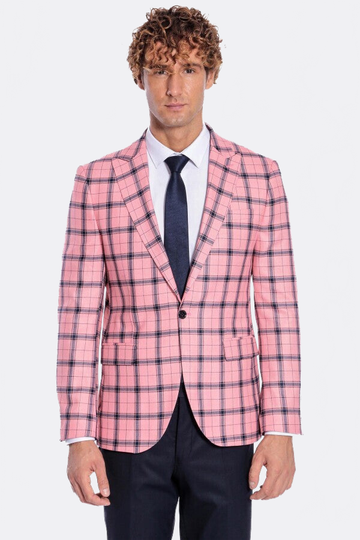 Men’s Pink & Navy Plaid Slim Fit Notch Lapel Sport Blazer