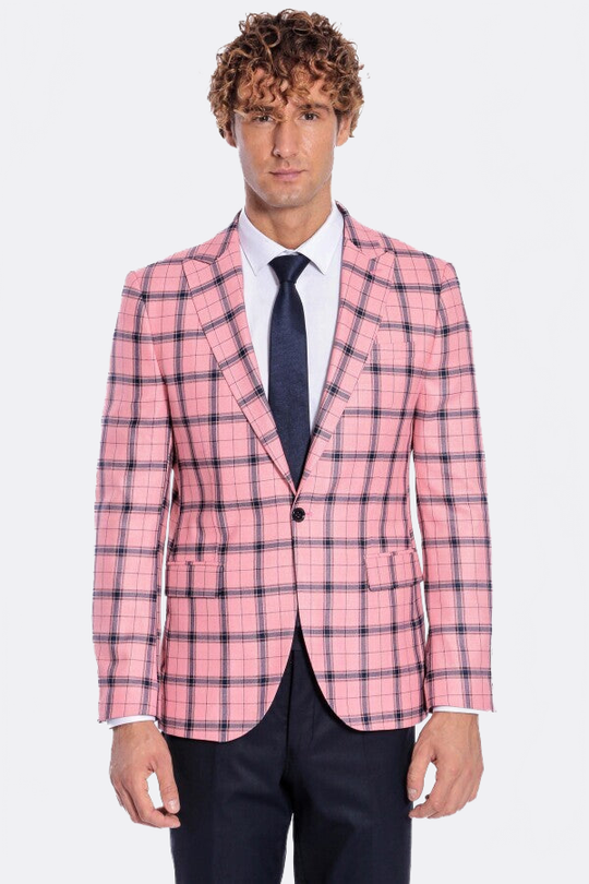 Men’s Pink & Navy Plaid Slim Fit Notch Lapel Sport Blazer
