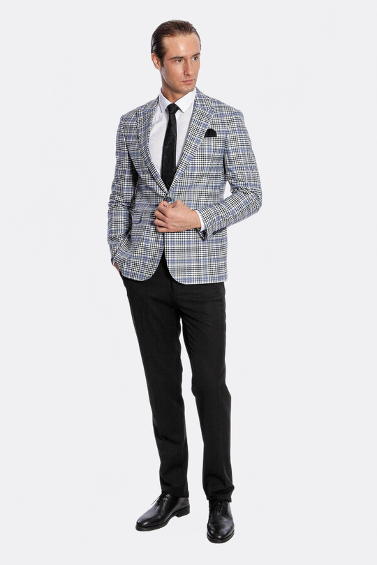Men’s Blue & Black Glen Plaid Slim Fit Notch Lapel Sport Blazer
