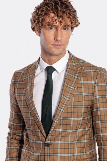 Men’s Toffee Brown & Blue Windowpane Check Slim Fit Notch Lapel Sport Blazer