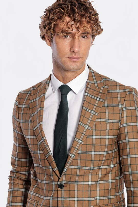 Men’s Toffee Brown & Blue Windowpane Check Slim Fit Notch Lapel Sport Blazer
