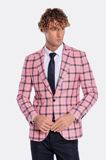 Men’s Pink & Navy Plaid Slim Fit Notch Lapel Sport Blazer