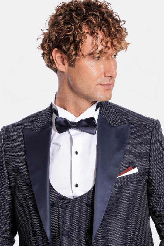 Men's Midnight Navy Jacquard Peak Lapel 3-Piece Slim Fit Tuxedo